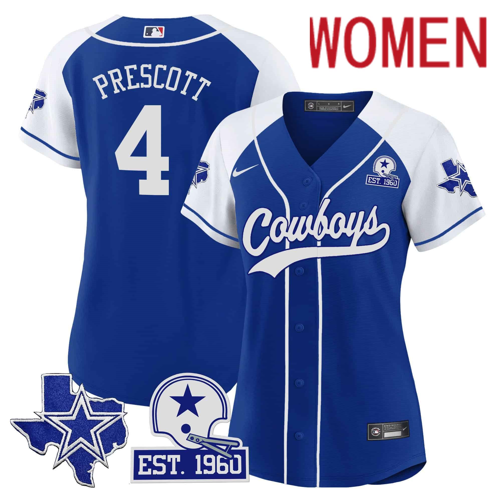 Women Dallas Cowboys #4 Prescott Blue 2024 Nike Patch Baseball NFL Jersey style 1->women nfl jersey->Women Jersey